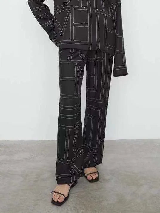 Totem* 100% silk embroidery casual drawstring nighty wide leg pants 210915