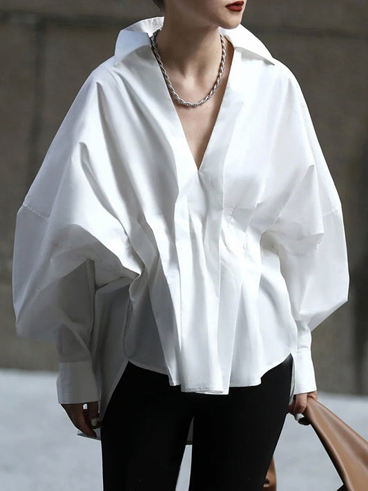 storexq Original Creation Long Sleeves Loose Pleated Solid Color Lapel Collar Blouses&Shirts Tops