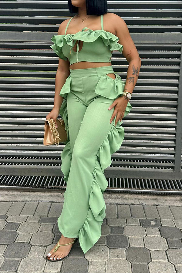 storexq Solid Color Sweet Cutout Ruffles Pant Suit