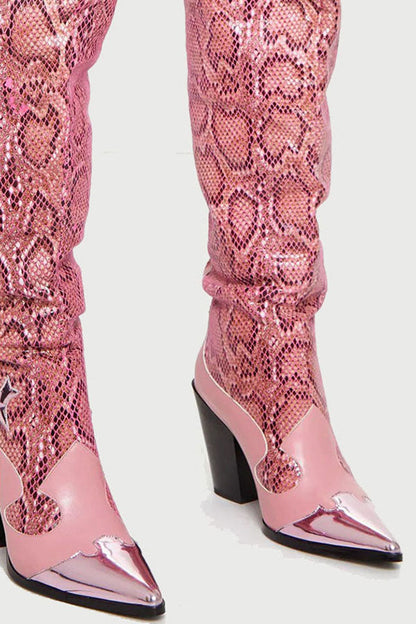 storexq Pink Snake Print Patchwork Modern Boots