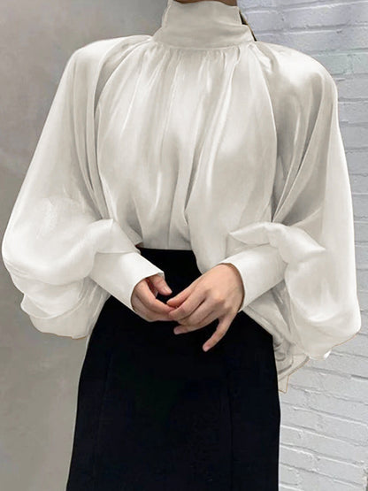 storexq Urban Black&White Puff Sleeves High-Neck Blouse