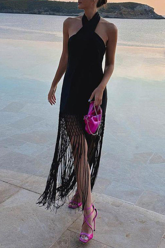 Sexy Solid Tassel Halter Sleeveless Dress Dresses