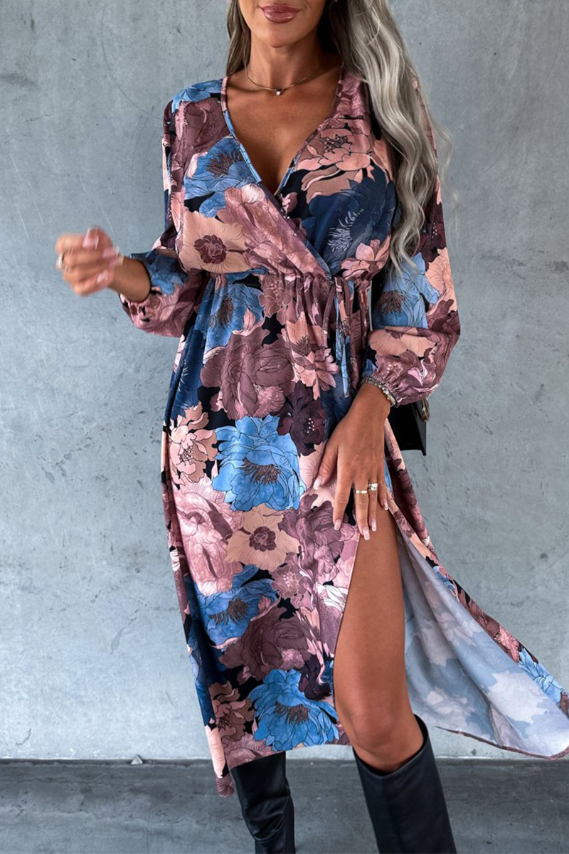 Elegant Floral Slit V Neck Printed Dress Dresses