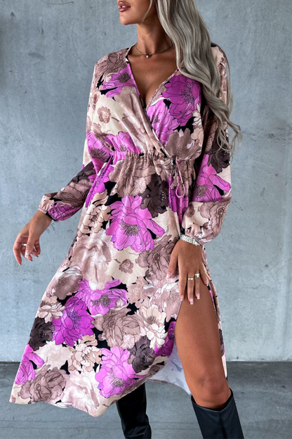 Elegant Floral Slit V Neck Printed Dress Dresses