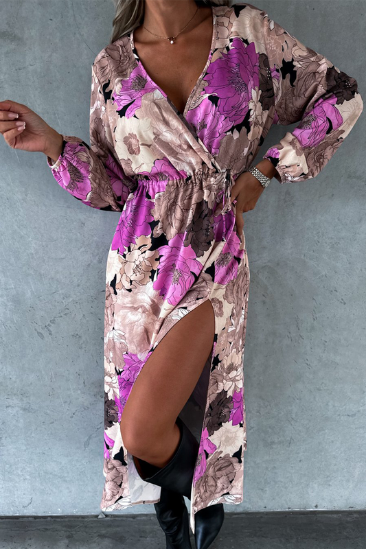 Elegant Floral Slit V Neck Printed Dress Dresses