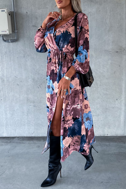 Elegant Floral Slit V Neck Printed Dress Dresses