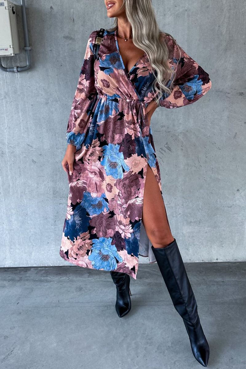 Elegant Floral Slit V Neck Printed Dress Dresses