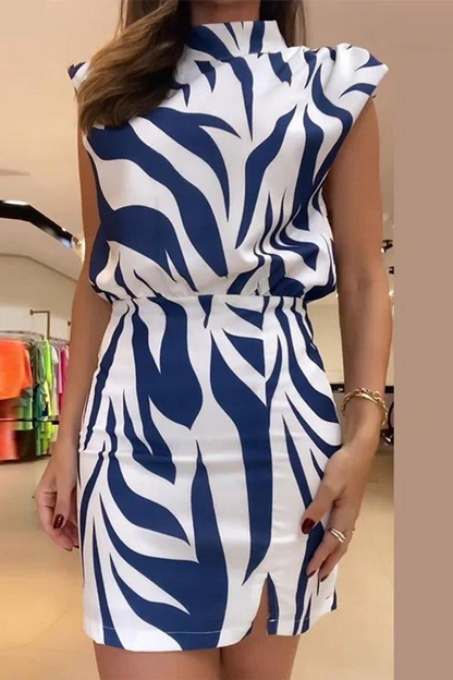 Elegant Geometric Print Backless Half A Turtleneck Wrapped Skirt Dresses