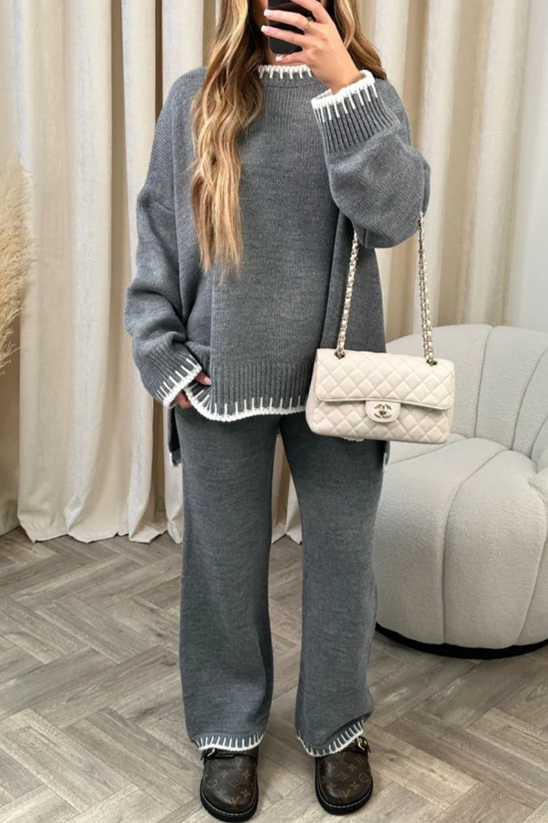 Casual Solid Patchwork O Neck Long Sleeve Two Pieces