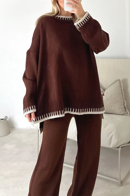 Casual Solid Patchwork O Neck Long Sleeve Two Pieces