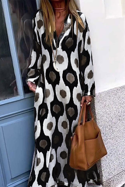 Casual Vintage Geometric Printing V Neck Printed Dress Dresses