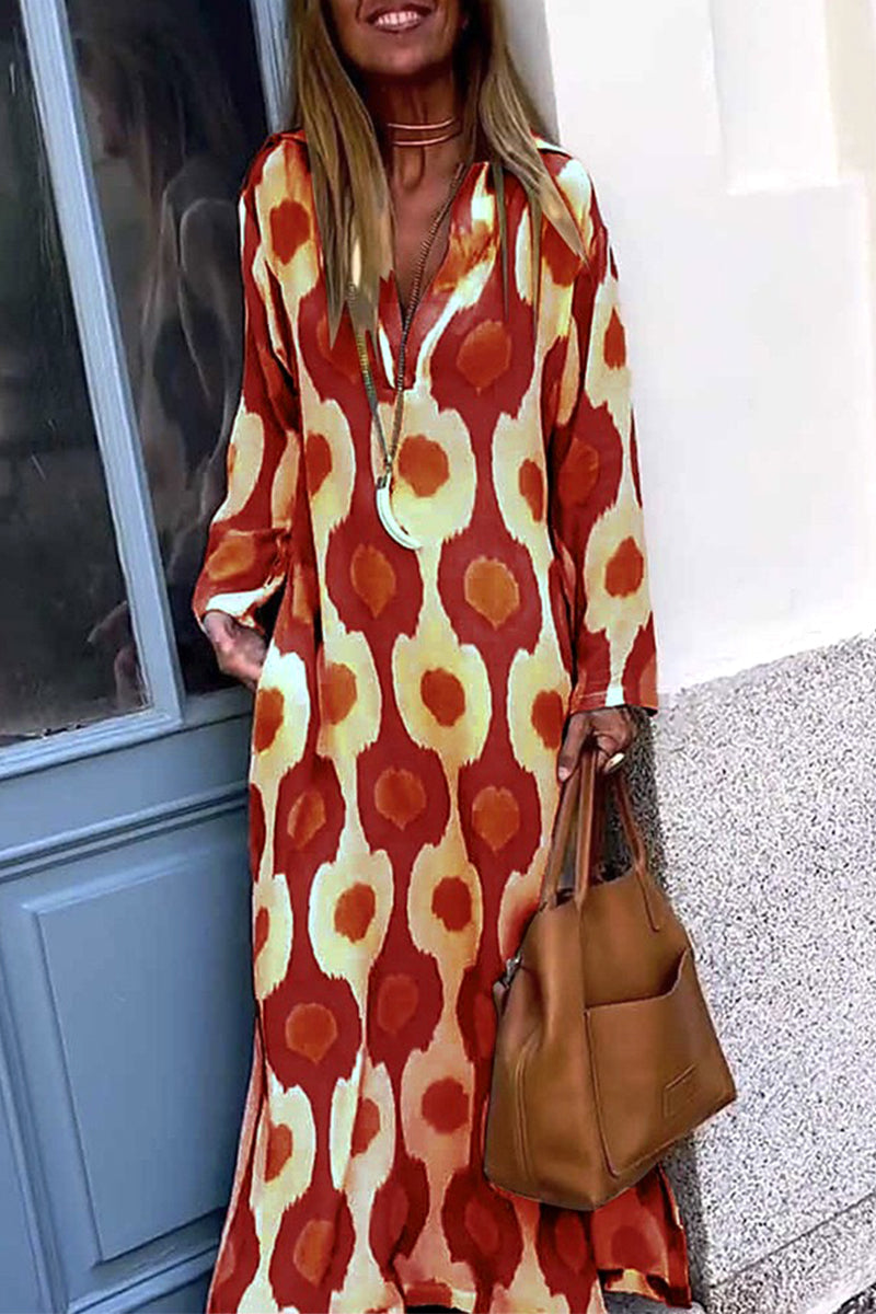 Casual Vintage Geometric Printing V Neck Printed Dress Dresses