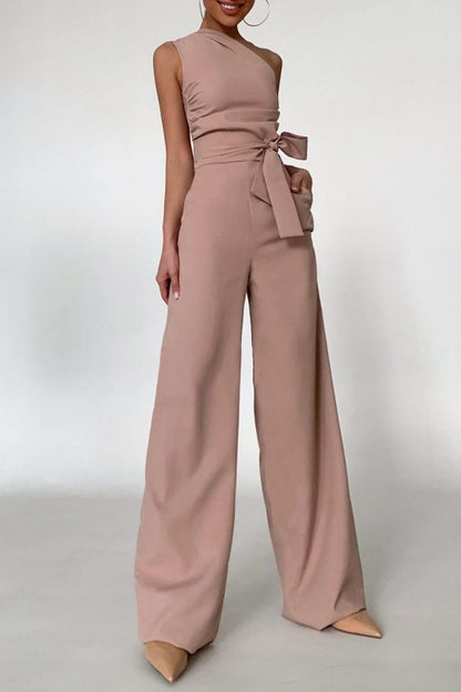 Elegant Solid Frenulum Oblique Collar Straight Jumpsuits(No Belt)