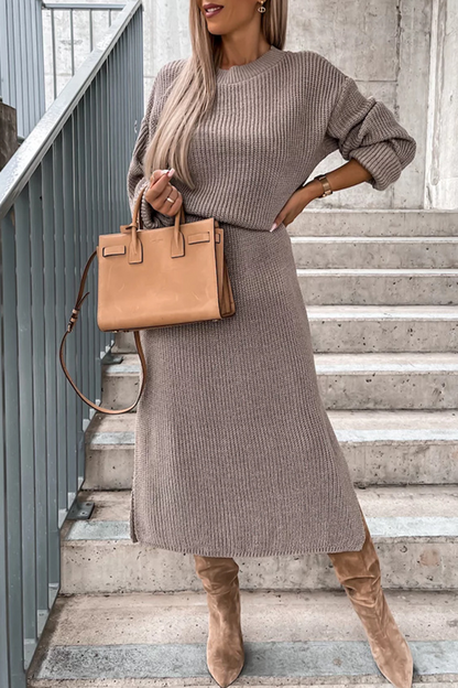 Elegant Simplicity Solid Slit O Neck Long Sleeve Dresses