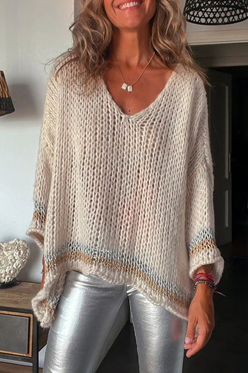 Casual Solid Tassel Contrast V Neck Tops