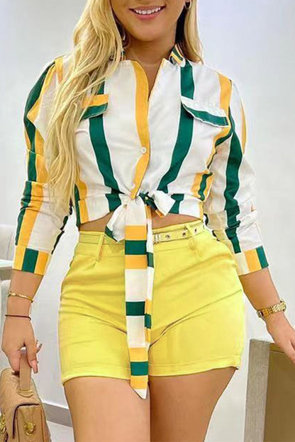 Sweet Striped Frenulum With Belt Turndown Collar Long Sleeve Two Pieces