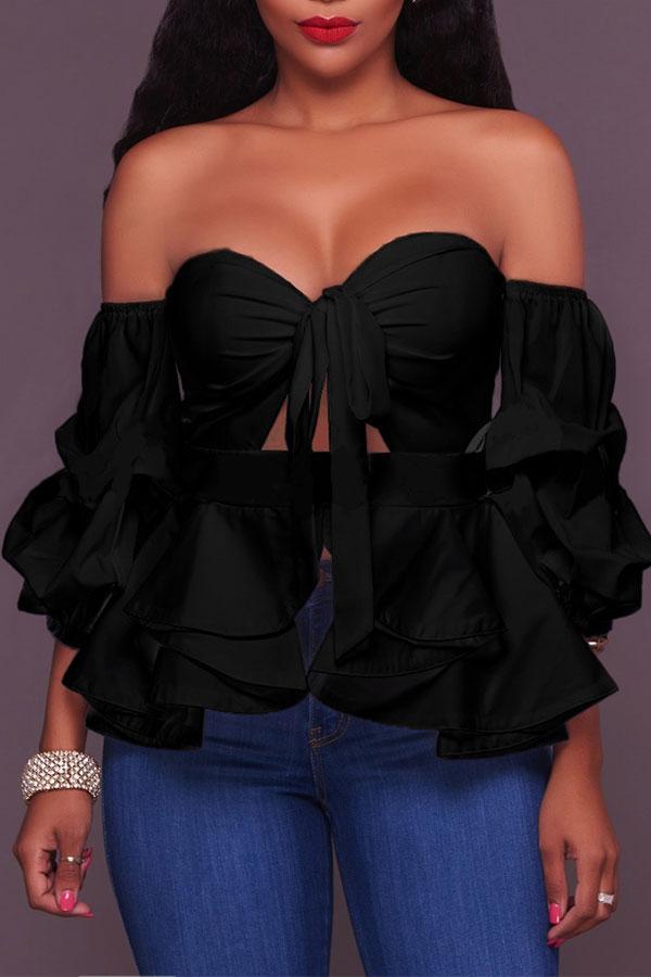 storexq Solid Color Pretty Falbala Off Shoulder Strappy Blouse