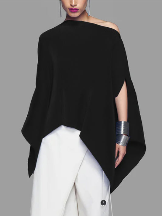 storexq Batwing Sleeves Loose Asymmetric Solid Color One-Shoulder Blouses&Shirts Tops