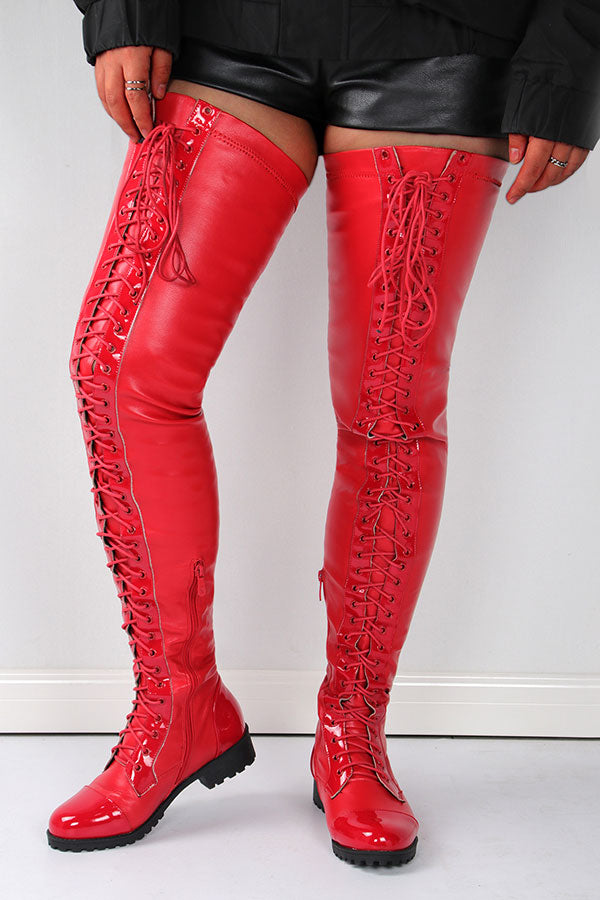 storexq Solid Color Unique Strappy Thigh-Length Boots