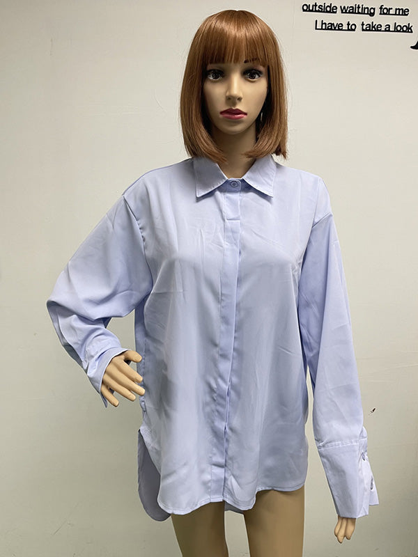 storexq Urban Long Sleeves High-Low Solid Color Lapel Collar Blouses