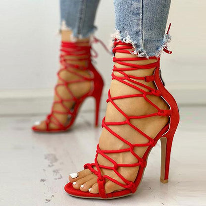 storexq Solid Color Chic Lace-Up Knotted Stiletto Sandals