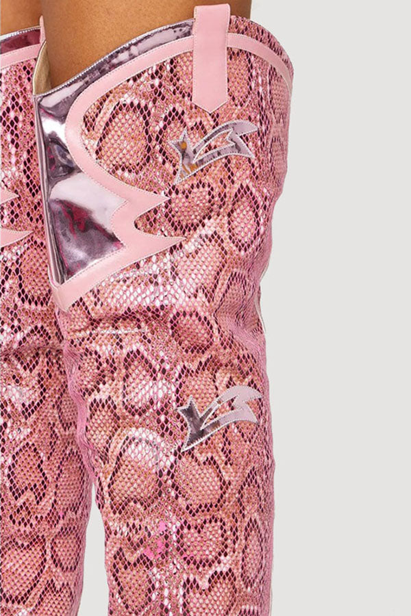 storexq Pink Snake Print Patchwork Modern Boots