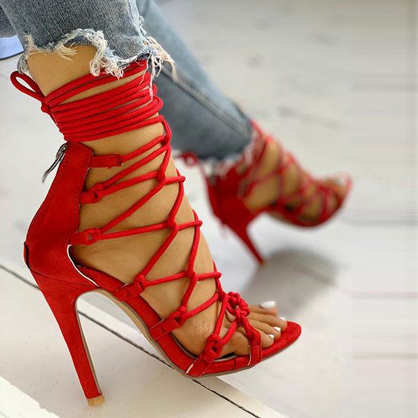 storexq Solid Color Chic Lace-Up Knotted Stiletto Sandals