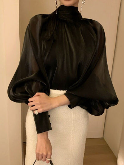 storexq Urban Black&White Puff Sleeves High-Neck Blouse