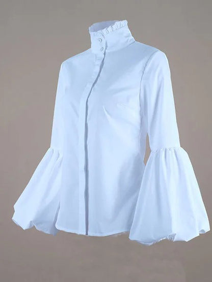 storexq Urban Solid Color Stand Collar Puff Sleeves Blouse