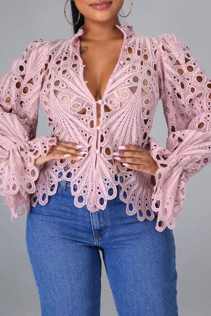 storexq Lace Deep V Sweet Cutout Blouse