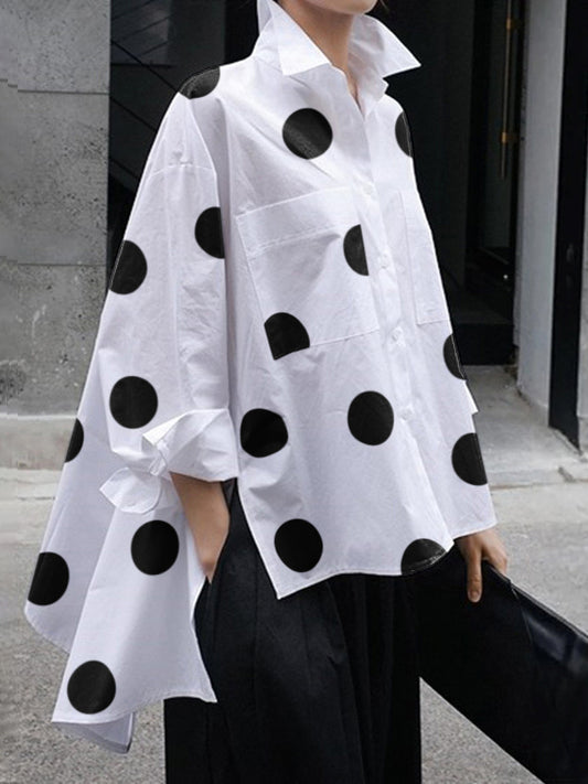 storexq Casual High-Low Polka-Dot Split-Side Lapel Long Sleeves Blouse