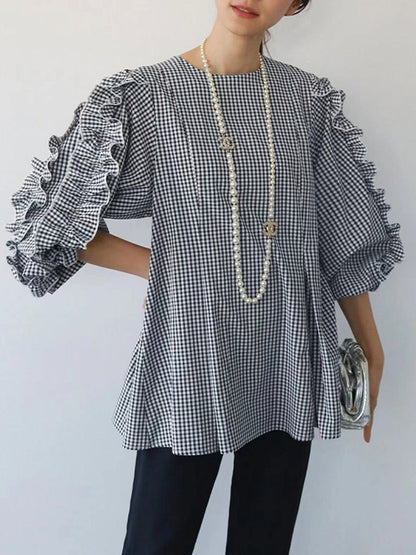 storexq Trendy Tops Loose Puff Sleeves Plaid Agaric Laces Falbala Round-Neck Blouses