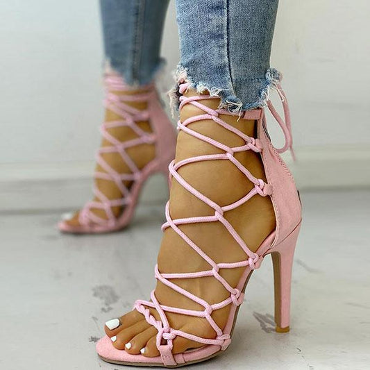 storexq Solid Color Chic Lace-Up Knotted Stiletto Sandals