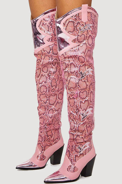 storexq Pink Snake Print Patchwork Modern Boots