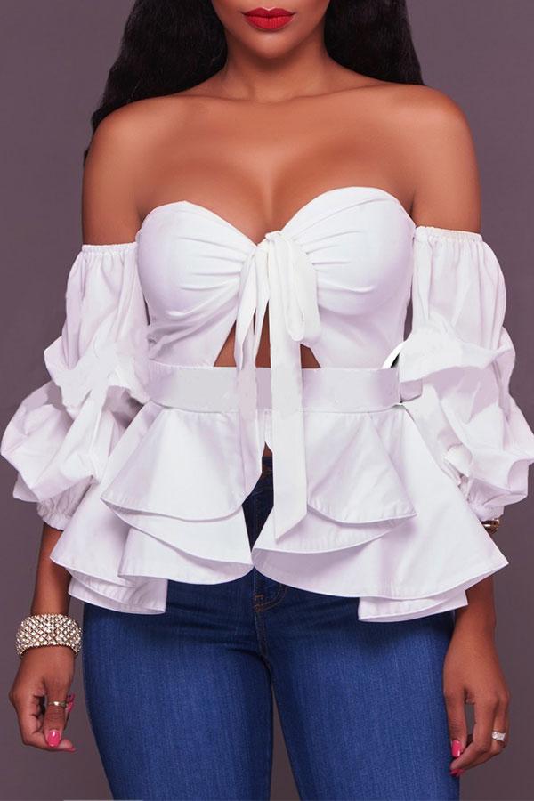 storexq Solid Color Pretty Falbala Off Shoulder Strappy Blouse