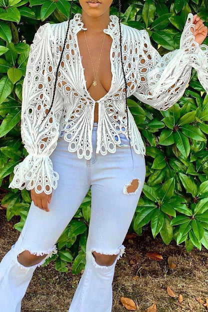 storexq Lace Deep V Sweet Cutout Blouse