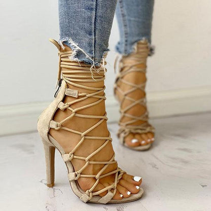 storexq Solid Color Chic Lace-Up Knotted Stiletto Sandals