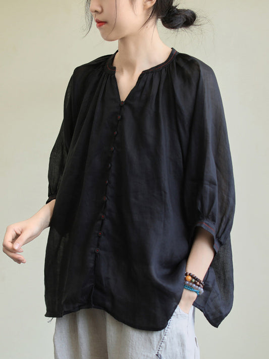 storexq Black&Pink High-Low Half Sleeve Ramie Cotton Loose Shirt