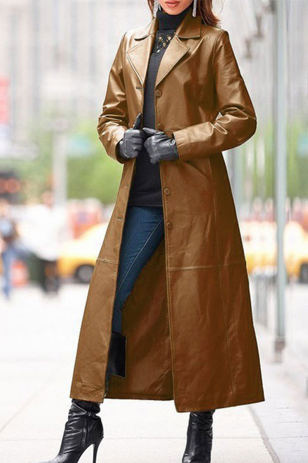 storexq Solid Color Single Breasted On-trend PU Trench Coat