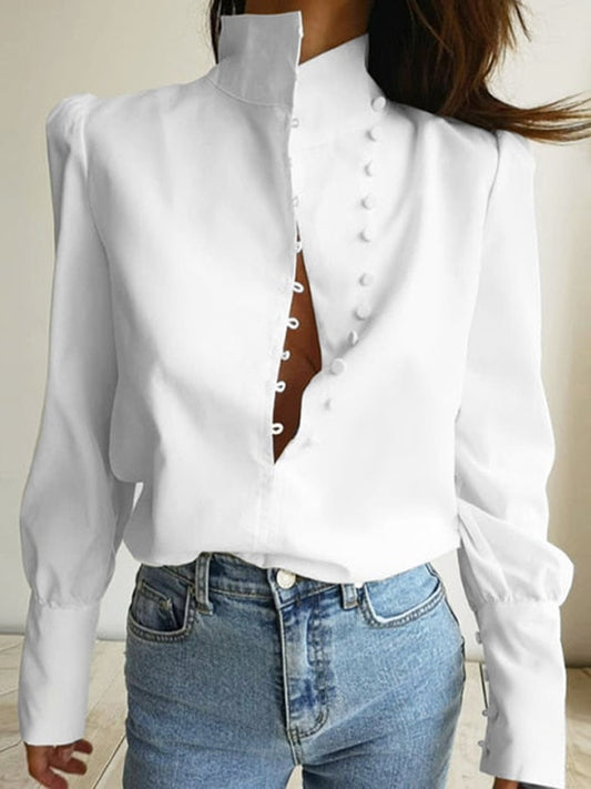 storexq Long Sleeves Loose Solid Color Split-Joint High-Neck Blouses