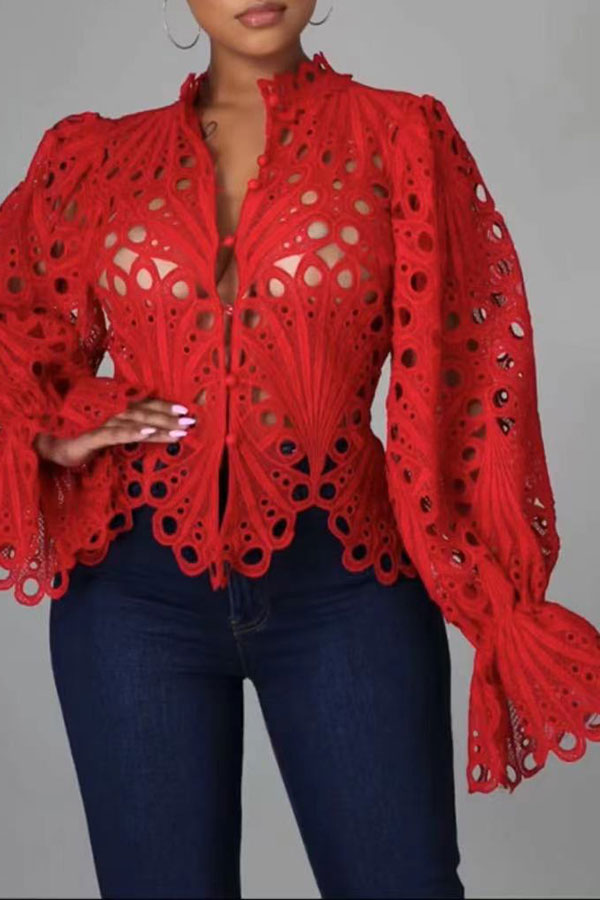 storexq Lace Deep V Sweet Cutout Blouse