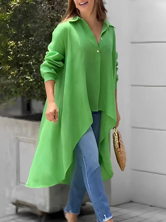 storexq High-Low Long Sleeves Buttoned Solid Color Lapel Collar Blouses&Shirts Tops