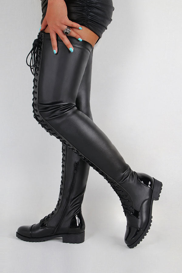 storexq Solid Color Unique Strappy Thigh-Length Boots