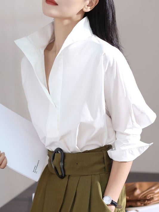 storexq Long Sleeves Loose Solid Color Lapel Collar Blouses&Shirts Tops