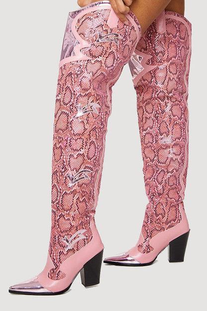 storexq Pink Snake Print Patchwork Modern Boots