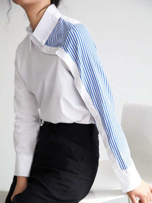 storexq Long Sleeves Irregularity Striped Solid Contrast Color Lapel Collar Blouses