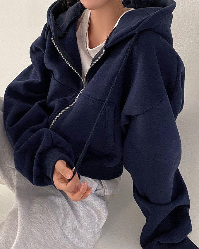 storexq Hip-hop Style Short Loose Solid Color Hoodie