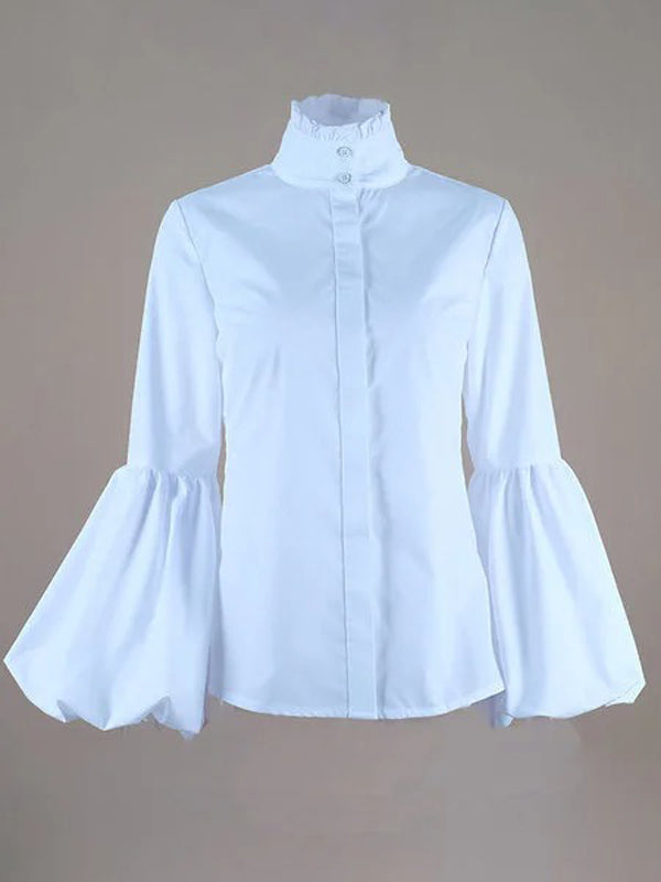 storexq Urban Solid Color Stand Collar Puff Sleeves Blouse