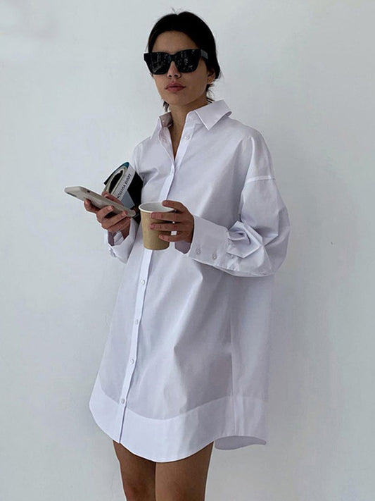 storexq Leisure Fashion Loose Long Sleeves Solid Color Lapel Collar Shirt Dresses