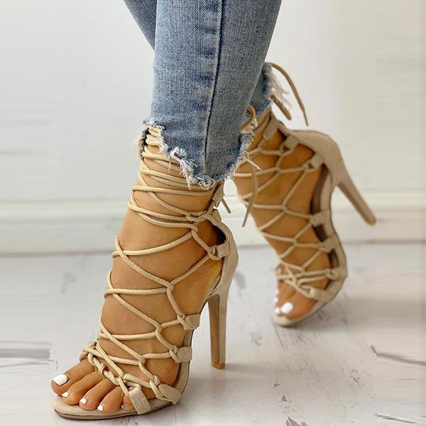 storexq Solid Color Chic Lace-Up Knotted Stiletto Sandals